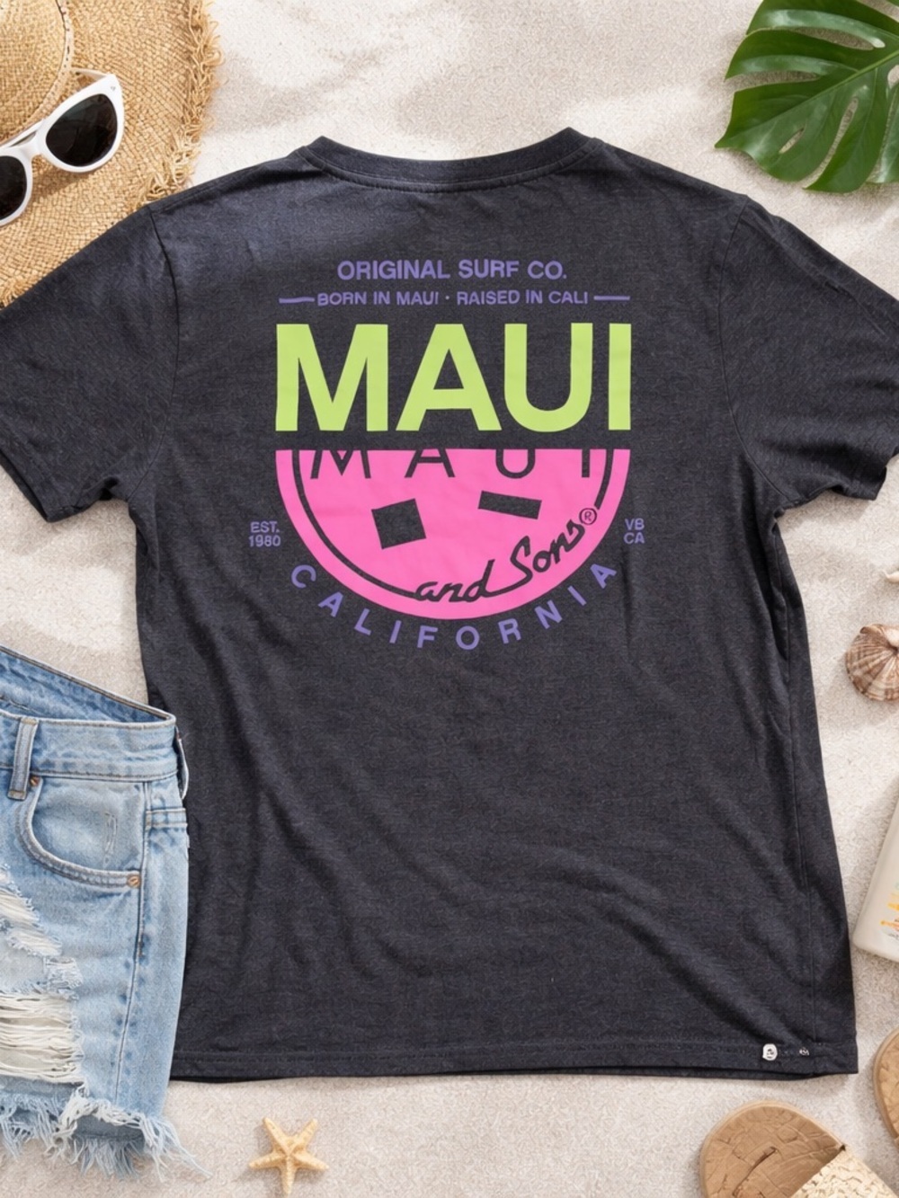 Maui and Sons Charcoal Surf Tee Large Y2K Retro Beach Skater Streetwear